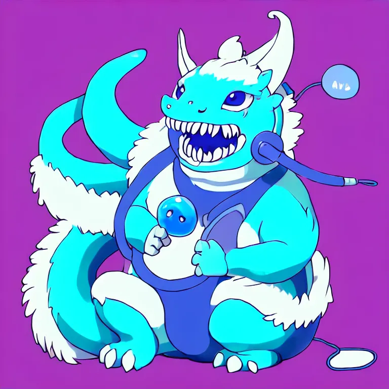 Image similar to a chubby anthropomorphic male blue dragon fursona chewing blue bubble gum, headphones on his head, cute, furry, deviantart, beautiful, soft colors, oil on canvas, soft lighting