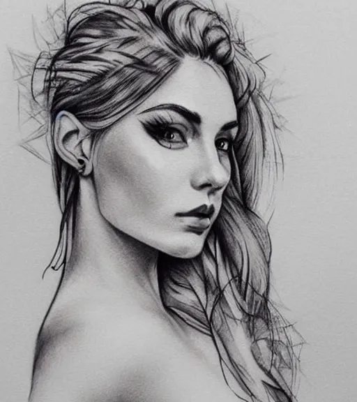 Prompt: tattoo design sketch of a beautiful woman portrait against a background of beautiful mountains and nature, hyper - realistic, in the style of den yakovlev, amazing detail, black and white