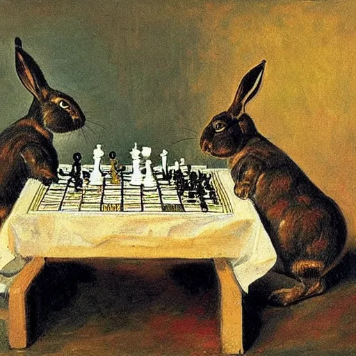 Image similar to two rabbits playing chess in the style of ilya repin