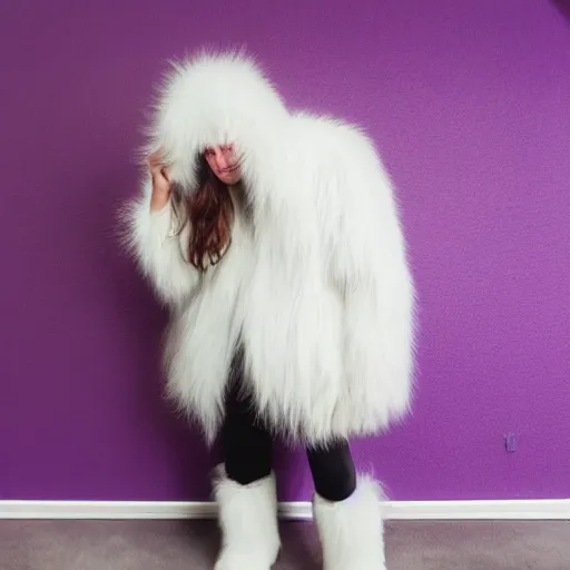 Image similar to A photo of a white fur monster standing in a purple room