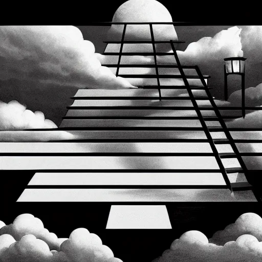 Image similar to A black and white freemasonic chequered surrealist digital painting of a stairway to into the clouds in the art style of jeff koons, Gilbert williams, Edwin Frederic Church and Christopher Balaskas, trending on artstation, 4k UHD