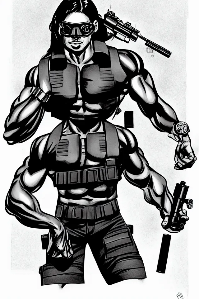 Image similar to muscular man, black vest with no shirt underneath, goggles around his neck, cargo pants, ammo belt, holding a blaster, long black hair in a ponytail, five o' clock shadow, comic book art, full body shot