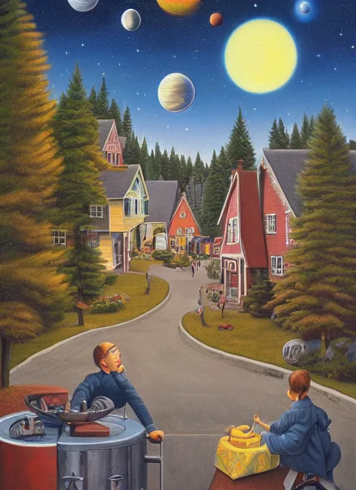 Image similar to a cozy pnw neighborhood. planets in the sky, vintage shapes, retro technology, happy colors. rob gonsalves, oil on canvas, deep depth field, masterpiece, cinematic composition, hyperdetailed