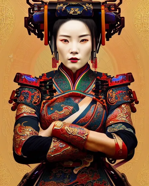 Image similar to portrait of a chinese cyberpunk machine, machine face, arms, upper half portrait, decorated with chinese opera motifs, regal, asian, fine china, wuxia, traditional chinese art intricate intense elegant 京 剧 highly detailed digital painting artstation concept art smooth sharp focus illustration, art by artgerm and greg rutkowski alphonse mucha 8 k