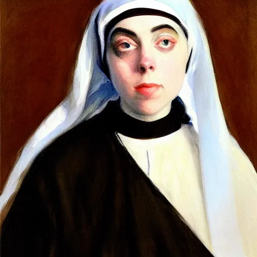 Image similar to Billie Eilish as a nun, painted by Robert Henri, detailed brushstrokes