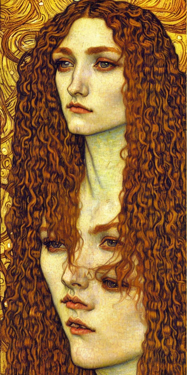 Image similar to detailed realistic beautiful young medieval queen face portrait by jean delville, gustav klimt and vincent van gogh, art nouveau, symbolist, visionary, gothic, pre - raphaelite, muted earthy colors, desaturated