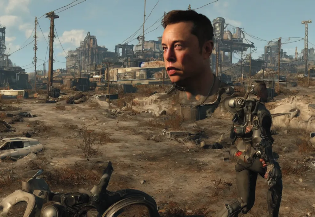 Image similar to elon musk in the video game in fallout 4, apocalyptic wastland, close up, 3 d rendering. unreal engine. amazing likeness. very detailed.