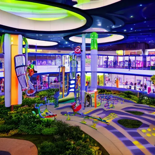 Prompt: A futuristic mall with a playground at night