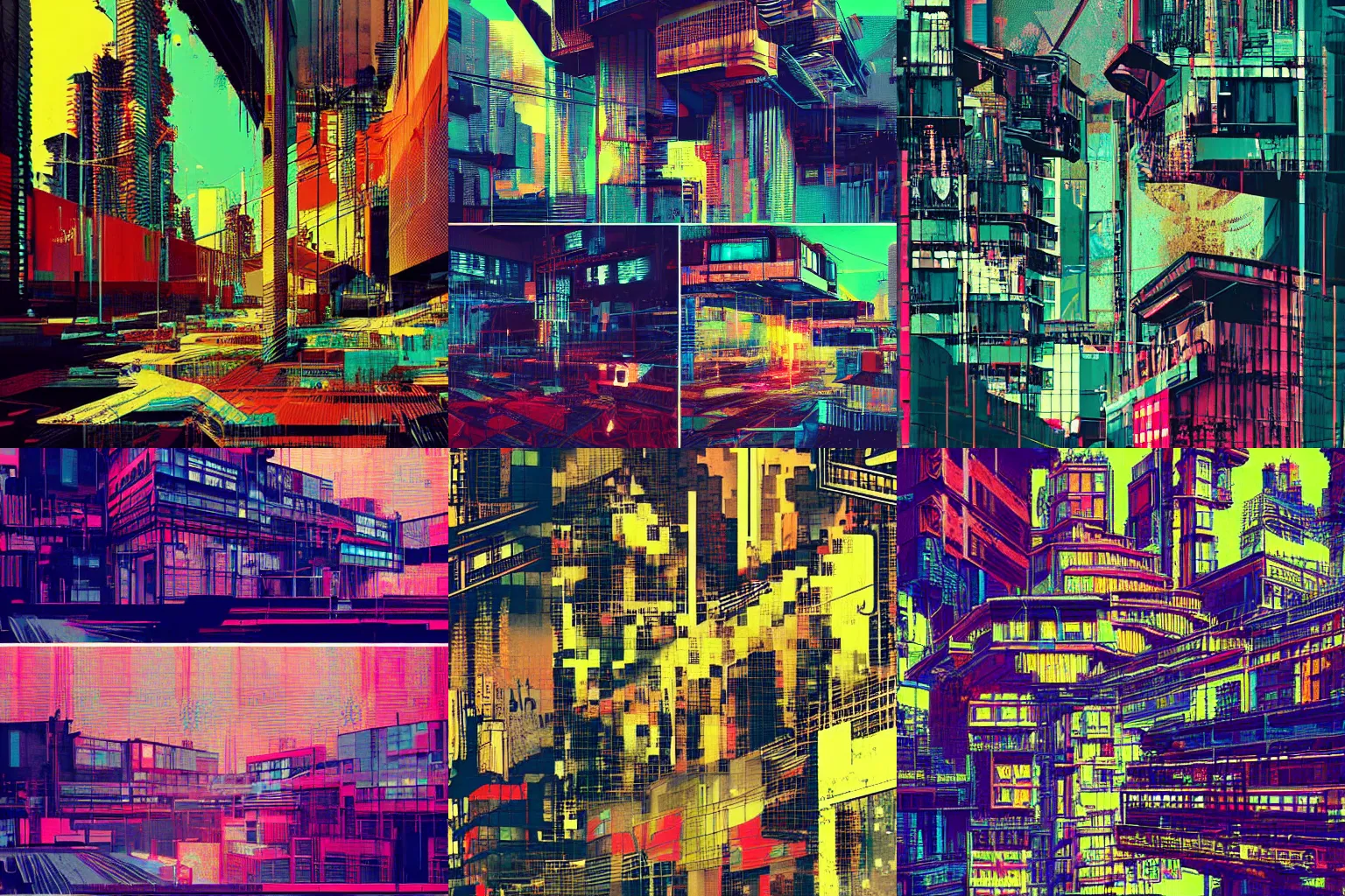 Image similar to architecture collage by atelier olschinsky, cyberpunk, (high contrast), ((oversaturated)), grafitti paint