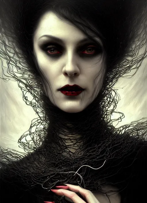 Image similar to highly detailed oil painting | very intricate | cinematic lighting | black, white and blood color scheme, dark background | portrait of a exquisite beautiful vampire old woman with long elegant tangles of black hair, eyes, gothic fog ambience, hyper realistic head, fantasy victorian art, in the style of greg rutkowski, zdizslaw beksinski, intricate, alphonse mucha