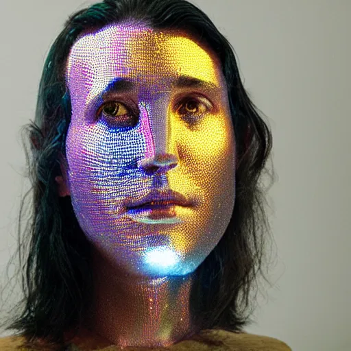 Image similar to a 3d human head made up of shiny holograms