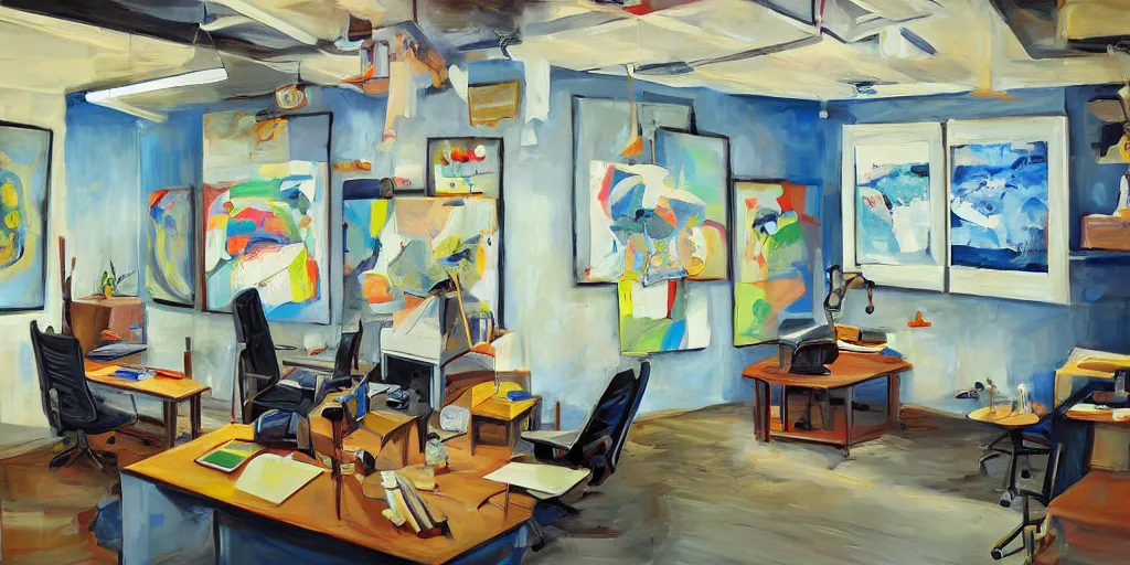Image similar to painting gallery workplace, art style by joshy sly