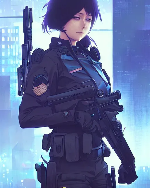 Image similar to anime key visual of a female officer, swat vest, neon, cyberpunk, futuristic, stunning, highly detailed, digital painting, smooth, soft focus, illustration, movie poster, japanese typography, digital art from artstation by artgerm and greg rutkowski and alphonse mucha