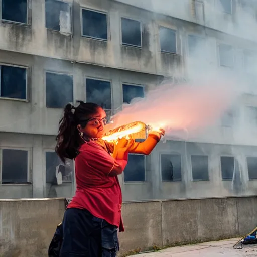 Image similar to Priti Pattel Weilding A flamethrower, firing it into a building, medium shot photo 8k ultrahd