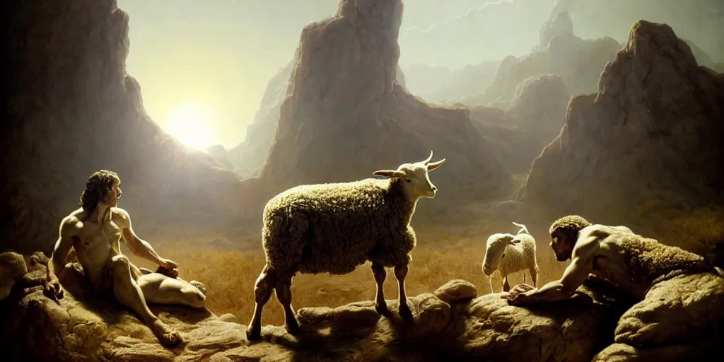 Image similar to realistic scene of biblical Cain and Abel before a stone altar with white smoke ascending in the background, a lamb in the foreground, inspired art by Frazetta + facial symmetry + bright dramatic volumetric lighting, well lit, 8k octane render, intricate, epic composition, golden hour, cinematic studio lighting + masterpiece, trending on artstation, very detailed, masterpiece, stunning