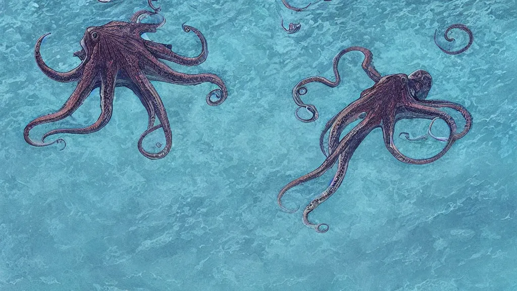 Prompt: ocean, clear water, octopus silhouette at depth, bird eye view, aerial view, fear, mesmerizing, blue sea, glare on the water, reflection of the sky on the water, art by Wayne Barlowe,