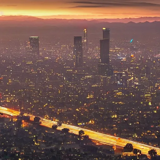 Prompt: actual photograph of UFO hovering over LA, award winning, golden hour,