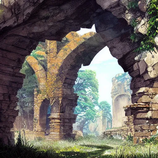 Image similar to concept art painting of an ornate ancient stone archway, in the woods, realistic, detailed, cel shaded, in the style of makoto shinkai and greg rutkowski and james gurney