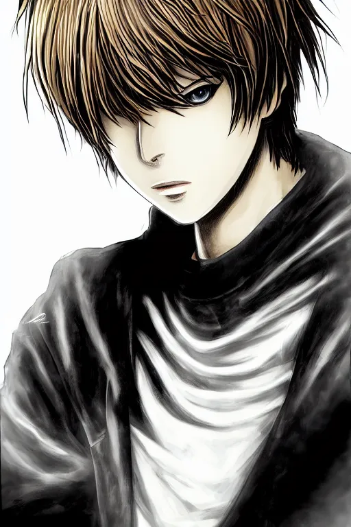 Image similar to light yagami, god of the new world, highly detailed, digital art, sharp focus, trending on art station, death note