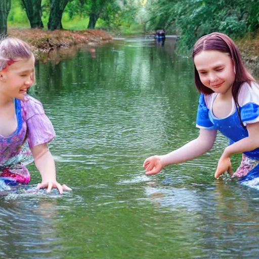 Prompt: two slavic girls splashing in the riverbank, enviroment painting,