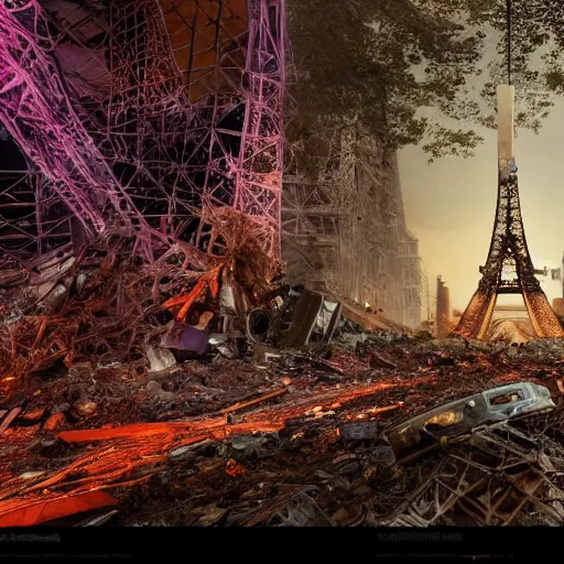 Image similar to A beautiful intricate 8K award-winning ground-level cinematic movie photograph of the future rusting rubble of the fallen and decimated Eiffel Tower, lying in pieces on the ground, surrounded by neon and collapsing corporate video billboard displays. in the year 2050, by Bruno Delbonnel and greg rutkowski. octane render, Arri Alexa 65. Cinematic lighting