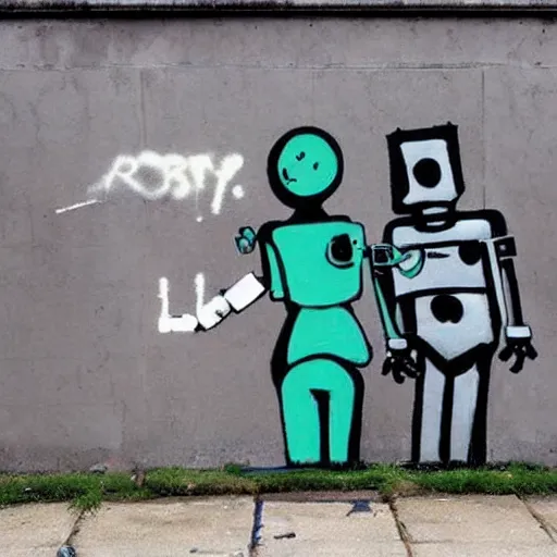 Image similar to robots kissing, street art, by banksy