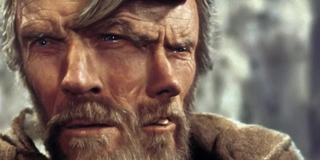 Prompt: Still of Clint Eastwood as jedi master Obiwan kenobi!!!!. in Star Wars (1977). detailed eyes. medium shot, technicolor. jedi light saber!!