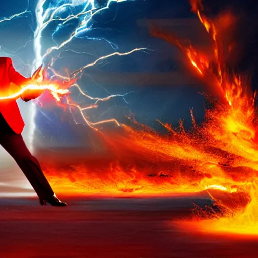 Image similar to burning donald trump casting fireballs, colorful hd picure, lightning in the background