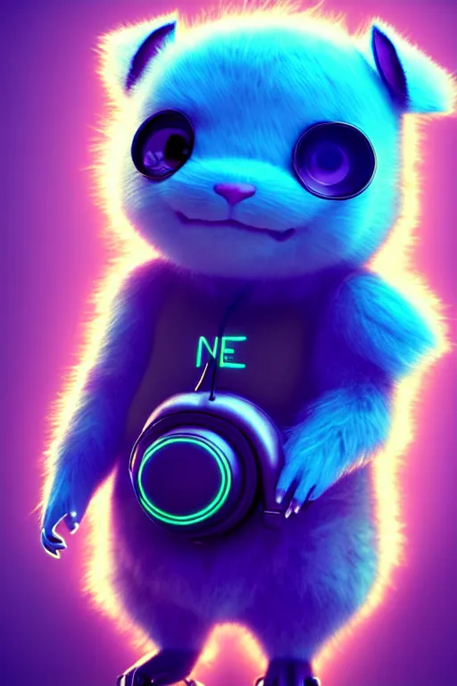 Image similar to high quality 3 d render neo - cyberpunk very cute half fluffy! wombat!! half cyborg with big headphones, pastel mechanical! paw, cyberpunk monocle!, highly detailed, unreal engine cinematic smooth, in the style of detective pikachu, hannah yata charlie immer, neon purple light, low angle, uhd 8 k, sharp focus