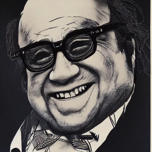 Prompt: danny devito japanese ink print