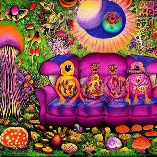 Image similar to psychedelic trippy couch in forest, planets, flowers, mushrooms milky way, sofa, cartoon by giuseppe arcimboldo