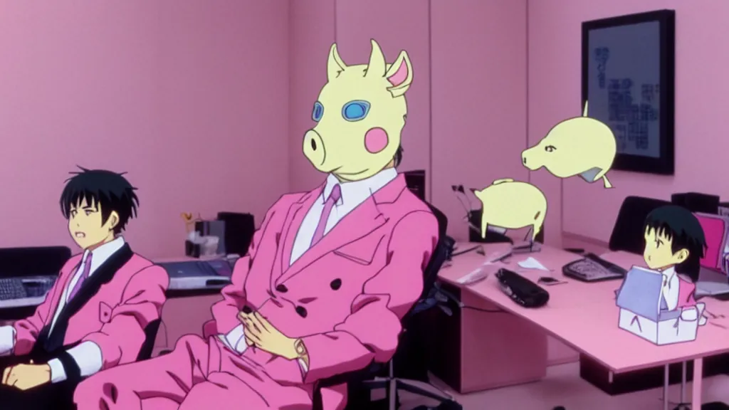 Image similar to a man wearing a pink suit and a pink pig mask sitting in an office, anime film still from the an anime directed by Katsuhiro Otomo with art direction by Salvador Dalí, wide lens