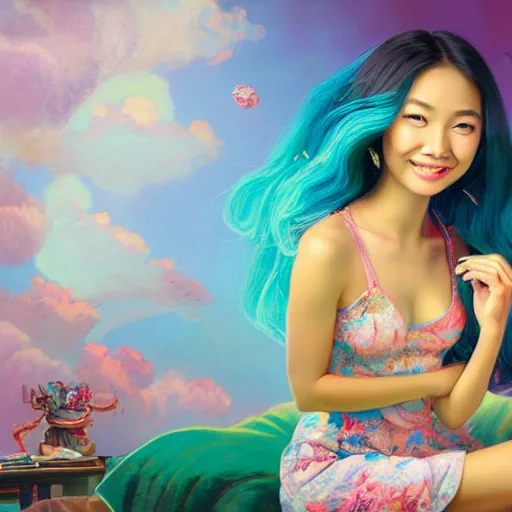 Prompt: young cute asian woman with flowing hair dressed in a small top sitting on bed, smiling, rendered in octane, photorealism, by Ansel Adams David Suh Lisa Frank Peter Mohrbacher Artgerm