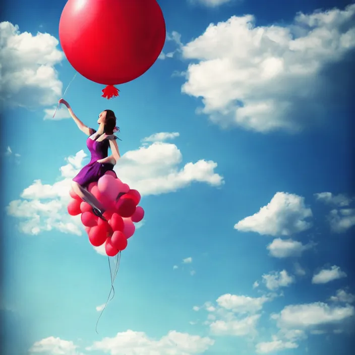 Prompt: a woman [ has a balloon head ]!!, floating into the sky, [ 4 k digital art ]!!, [ trending on cgsociety ]!!, cgsociety contest winner, 4 k quality