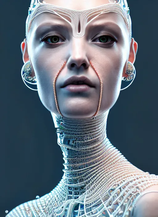 Image similar to portrait of an absurdly beautiful, graceful, sophisticated, fashionable cyberpunk mechanoid, hyperdetailed illustration by irakli nadar and alexandre ferra, intricate linework, white porcelain skin, faberge, coral headdress, unreal engine 5 highly rendered, global illumination, radiant light, detailed and intricate environment