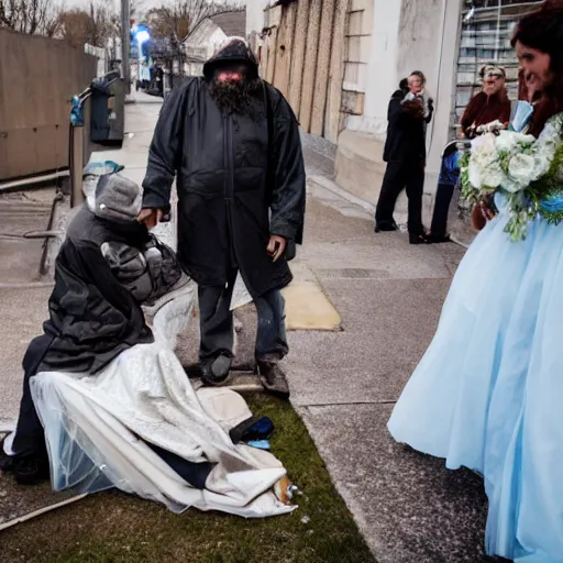 Prompt: photo of homeless people getting married