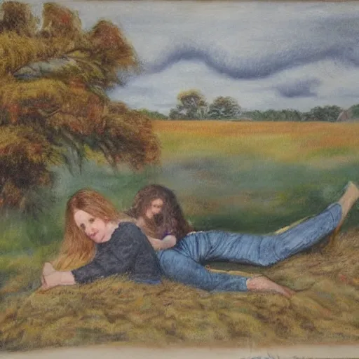 Image similar to landscape pastel of tiny happy young man with long brown hair and woman with long light brown hair, laying under a tree looking at clouds autumn, ( ( ( wearing jeans ) ) ), by charles sillem lidderdale.