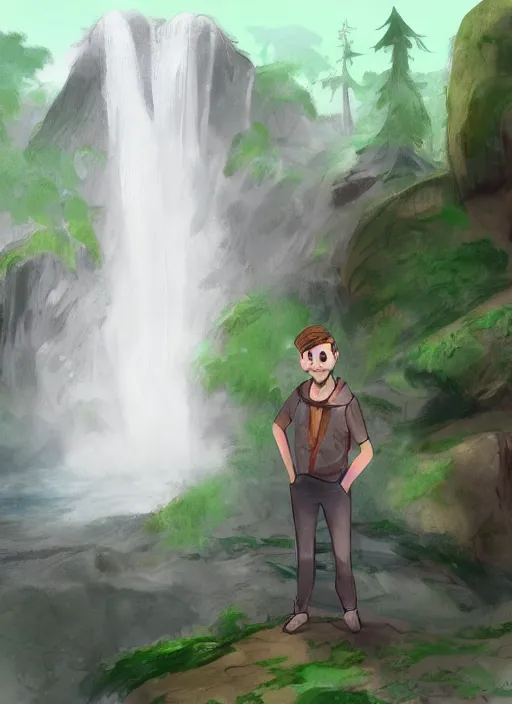 Prompt: a drawing of a man standing in front of a waterfall, concept art by senior environment artist, featured on deviantart, environmental art, concept art, official art, 2 d game art