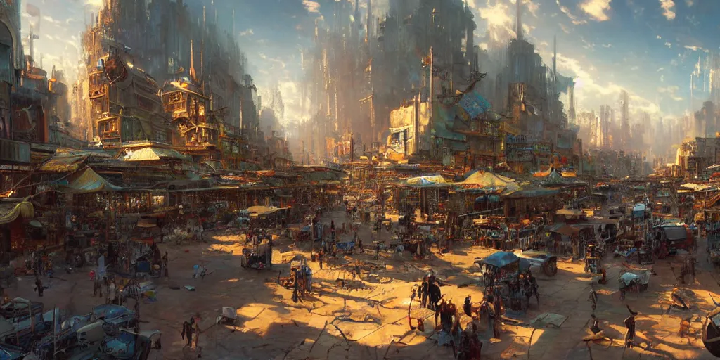 Prompt: screenshot of a bustling marketplace in a massive makeshift city, summer sunlight, colossal arcing metal structures high in the sky, beautiful, awe inspiring, plants, fps, thomas kinkade, by craig mullins, james gurney, greg rutkowski, sparth, mucha, cinematography, cinematic masterpiece