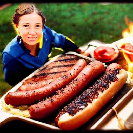 Prompt: joan of arc grilling hotdogs