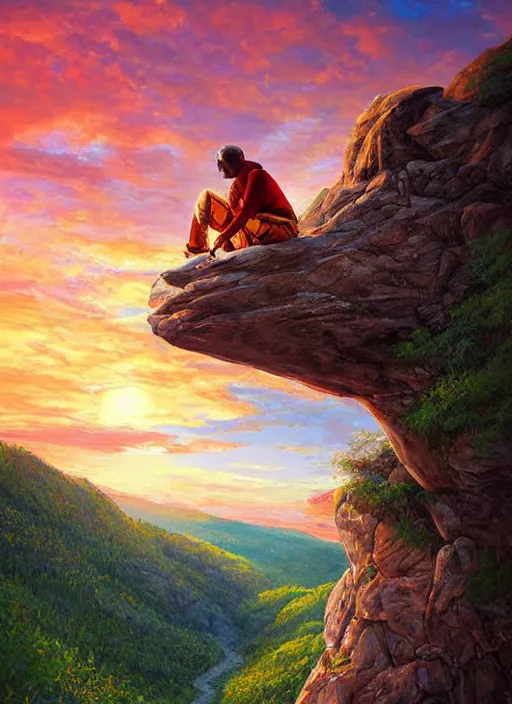 Prompt: an indigenous man sitting at the top of a cliff, looking down at the valley, doing a vision quest, beautiful sunset, art by artgerm