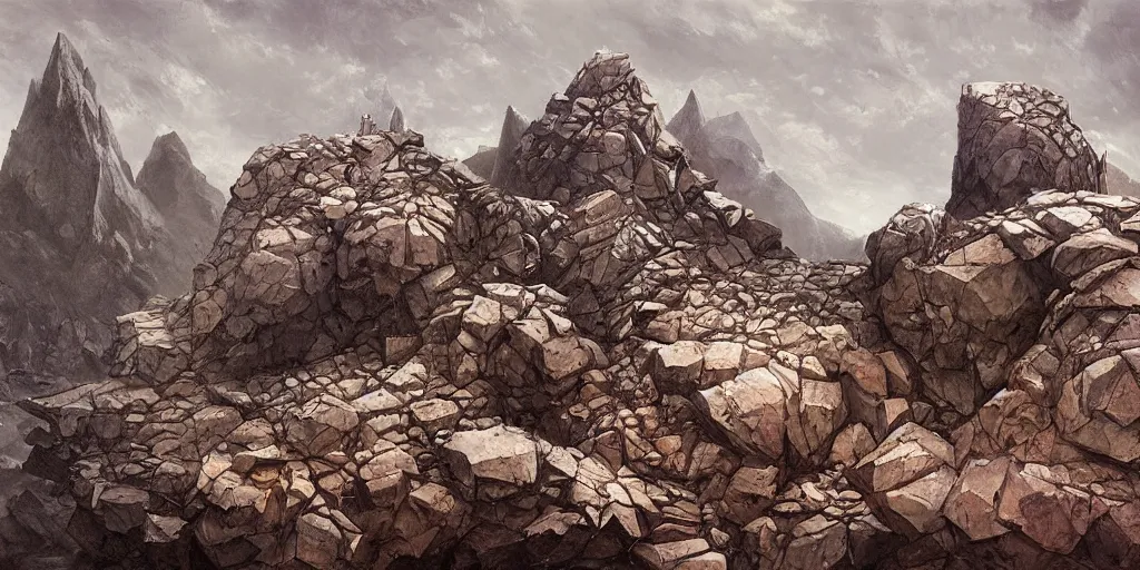 Prompt: A jagged mountain range with a massive rock slide and rock golem, debris, illustration, detailed, smooth, soft, cold, by Adolf Lachman, Shaun Tan, Surrealism