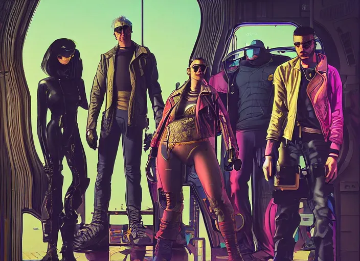 Image similar to cyberpunk heist crew. portrait by stonehouse and mœbius and will eisner and gil elvgren and pixar. character design. realistic proportions. dystopian. cyberpunk 2 0 7 7, apex, blade runner 2 0 4 9 concept art. cel shading. attractive face. thick lines.