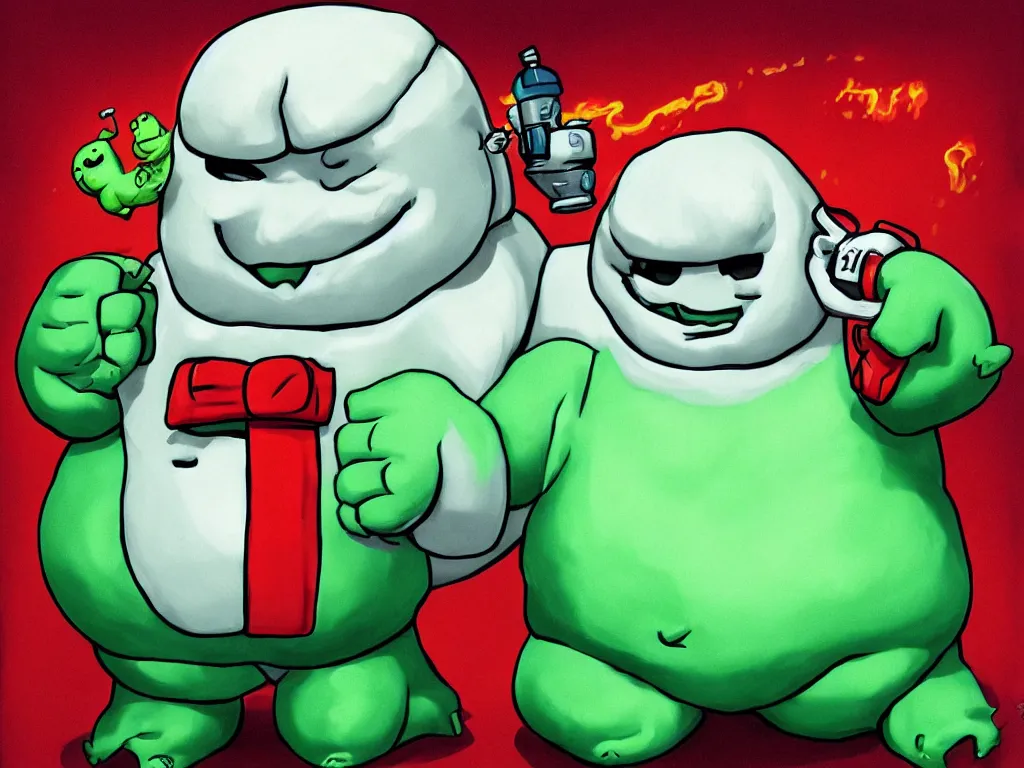 Prompt: the Stay Puft Marshmallow Slimer, 80s fantasy, trending on artstation