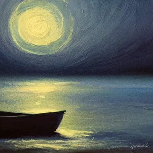 Image similar to a small boat under a moonlit sky with shimmering water. beautiful use of light and shadow to create a sense of depth and movement. using energetic brushwork and a limited color palette, providing a distinctive look and expressive quality in a rhythmic composition