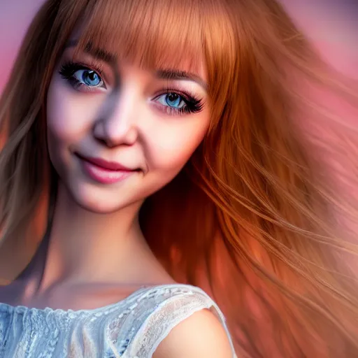 Prompt: beautiful intricate photograph of nikki from shining nikki dress - up game, a cute young woman, light pink hair, long hair with full bangs, full heart - shaped face, hazel amber eye color, pale skin, light blush, chinese heritage,, smiling softly, golden hour, soft focus, 8 k, hyperrealism, hyperdetailed