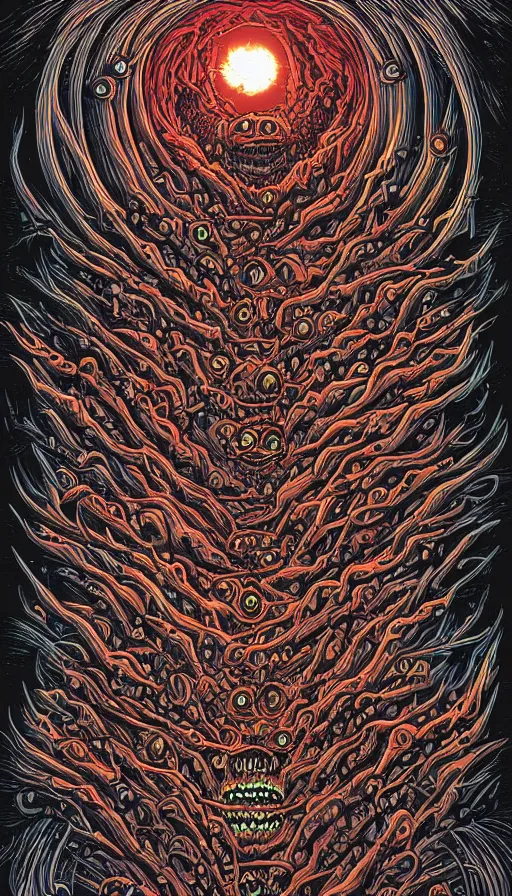 Image similar to a storm vortex made of many demonic eyes and teeth, by dan mumford,