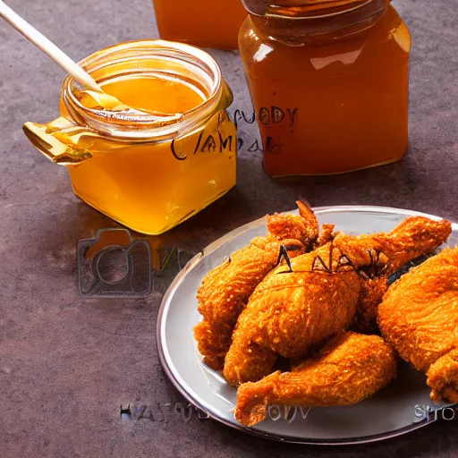 Image similar to chicken honey, honey with fried chicken floating inside the jar, we make our honey fresh with batches of chicken, food product promo, studio photography