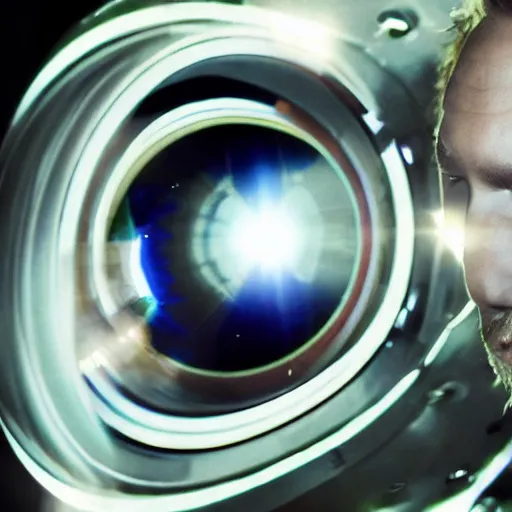 Image similar to futuristic thom yorke singer songwriter in a spacehelmet filling up with water, waterline refractions, video art, anamorphic lens flare, datamosh, beautiful blueish eyes, eyes reflecting into eyes reflecting into infinity, spherical black pupils, eyes reflecting into eyes reflecting into infinity, dramatic lighting