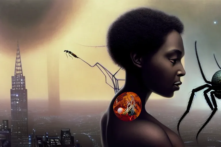 Prompt: realistic detailed photorealistic closeup portrait movie shot of a beautiful black woman with a giant spider, sci fi city landscape background by denis villeneuve, amano, yves tanguy, alphonse mucha, ernst haeckel, david lynch, edward robert hughes, roger dean, cyber necklace, dynamic pose, rich moody colours, wide angle